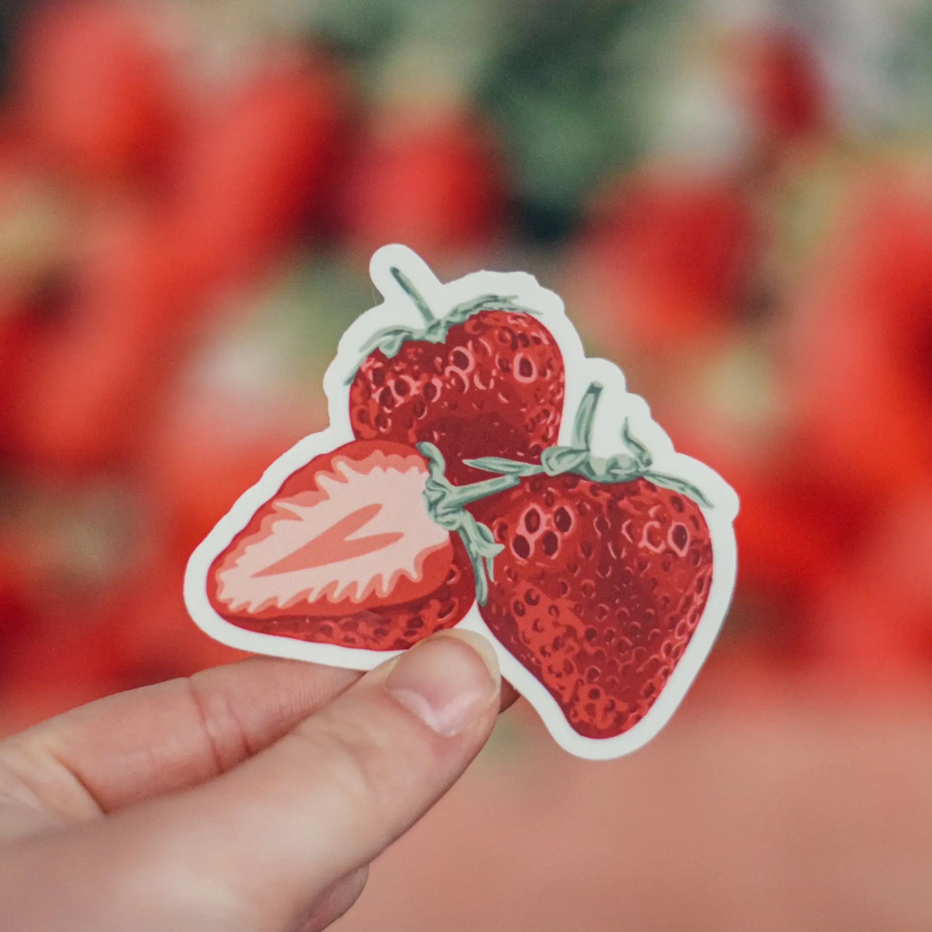 Fresh picked strawberry sticker by Winks Design Studio, LLC, featuring a vibrant red strawberry with green leaves.