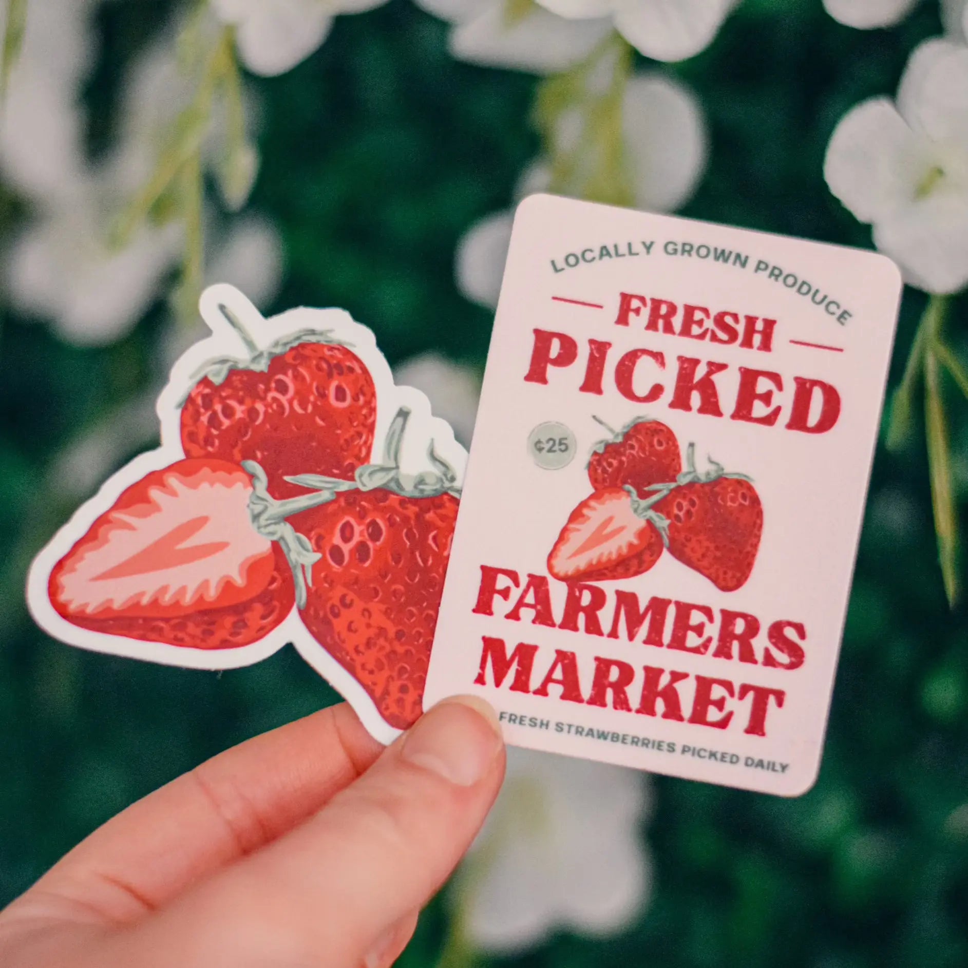Farmers Market fresh picked strawberry sticker by Winks Design Studio, LLC, featuring a realistic red strawberry design.