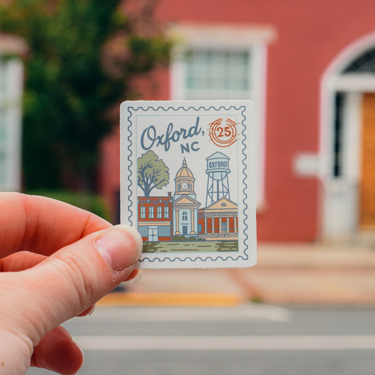 Oxford NC Postmark sticker by Winks Design Studio, LLC featuring a vintage postal postmark design on a rectangular sticker.