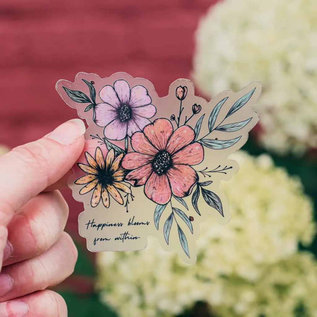 Vinyl sticker featuring colorful floral design from Happiness Blooms from Within collection by Winks Design Studio LLC.