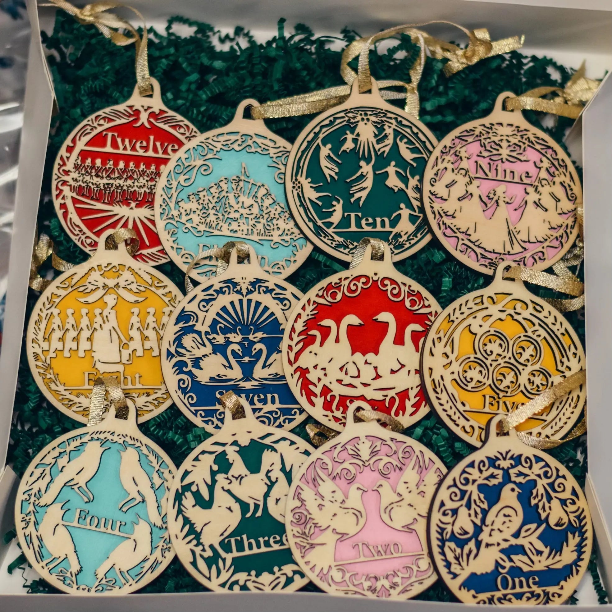 12 Days of Christmas ornaments workshop kit by Winks Design Studio, LLC, featuring colorful craft supplies and ornament templates.