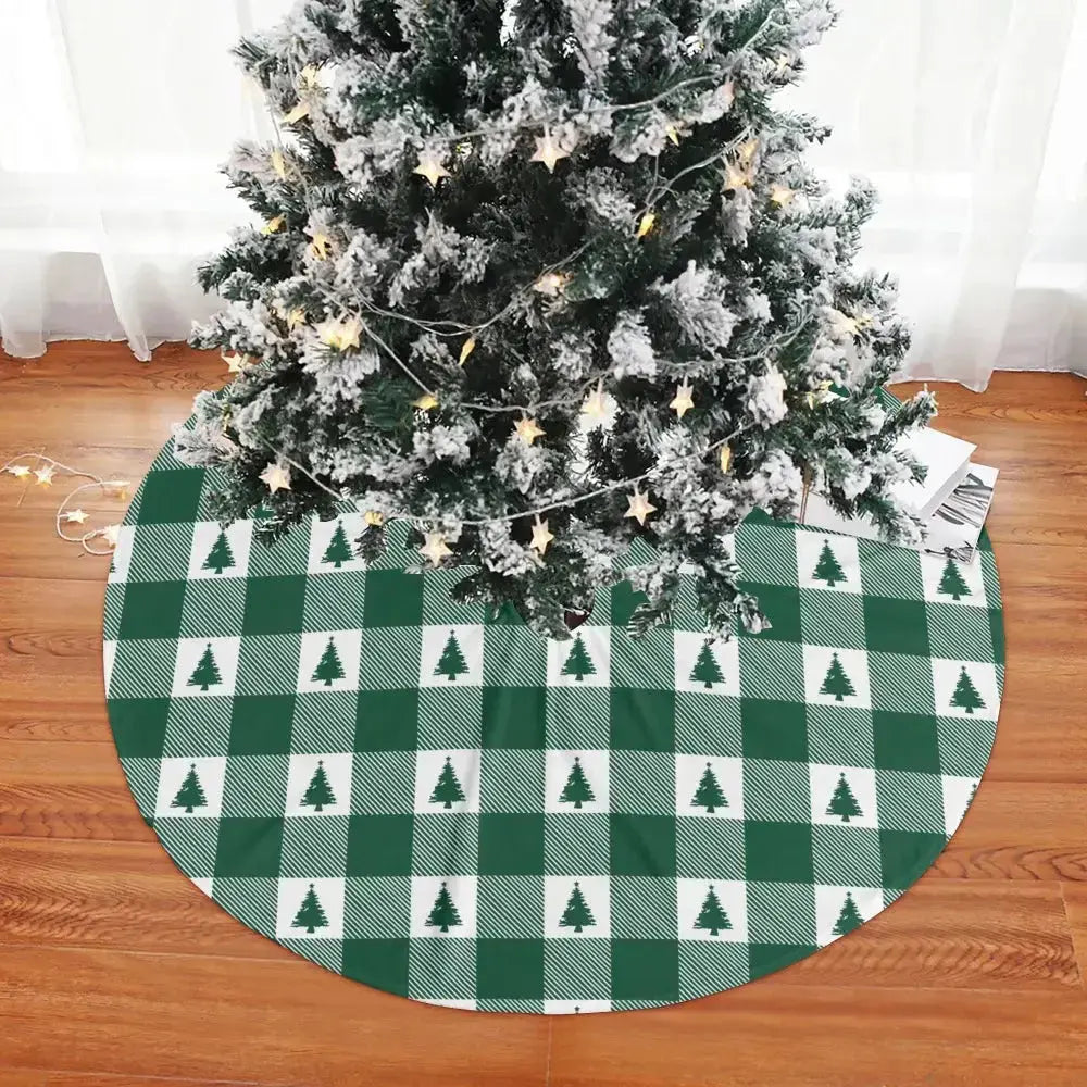 Buffalo check Christmas tree skirt by Winks Design Studio, LLC featuring red and black plaid fabric for holiday decoration.