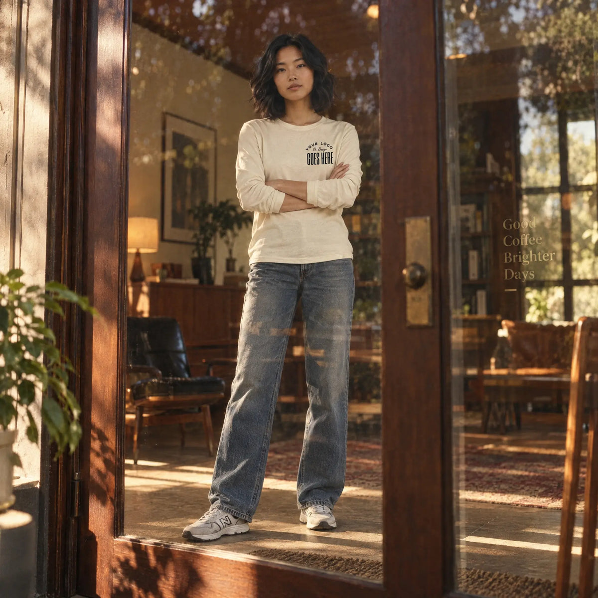 Cream custom long sleeve t-shirt with a black "Your Logo or Design Goes Here" left chest placeholder print