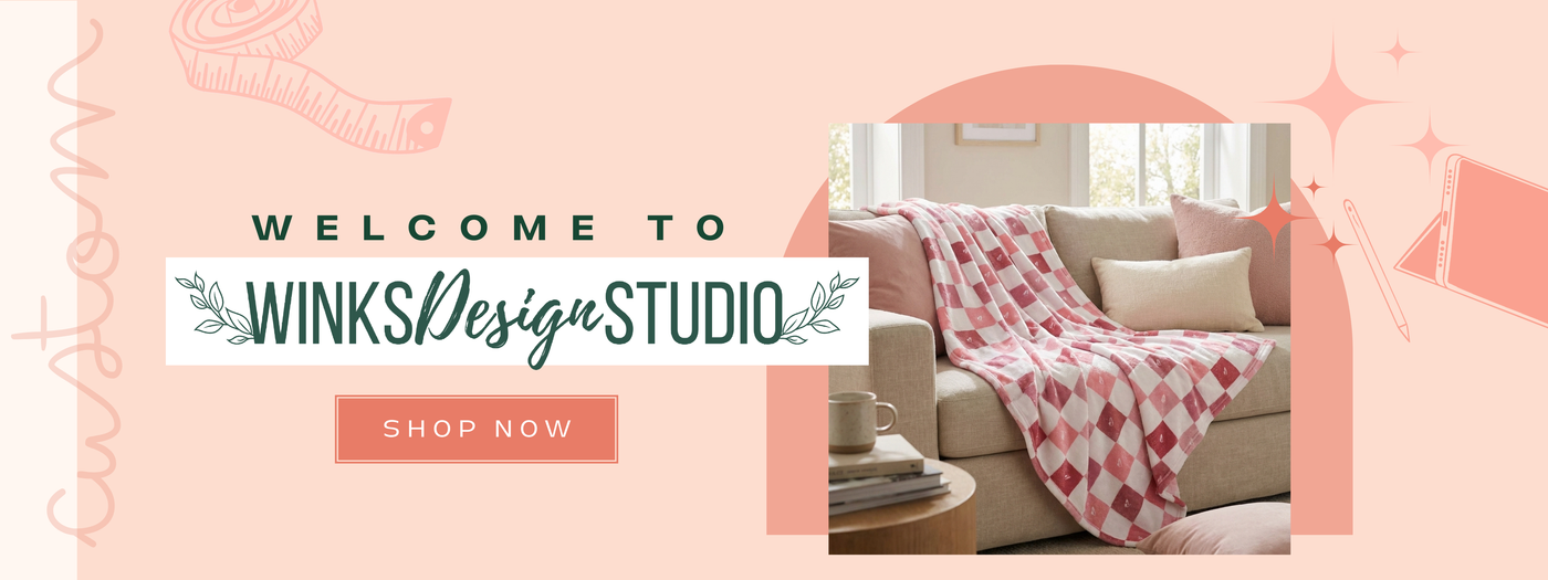 Promotional banner for Winks Design Studio with a living room scene and 'Shop Now' call to action.
