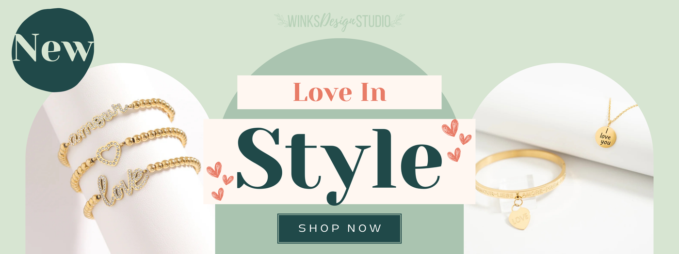 Jewelry display with gold rings and bracelets on a light green background, featuring the text 'Love In Style' and 'Shop Now'.