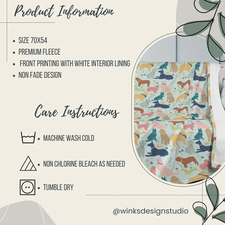 Fleece blanket with colorful pet design and care instructions for washing, bleaching, and drying by Winks Design Studio