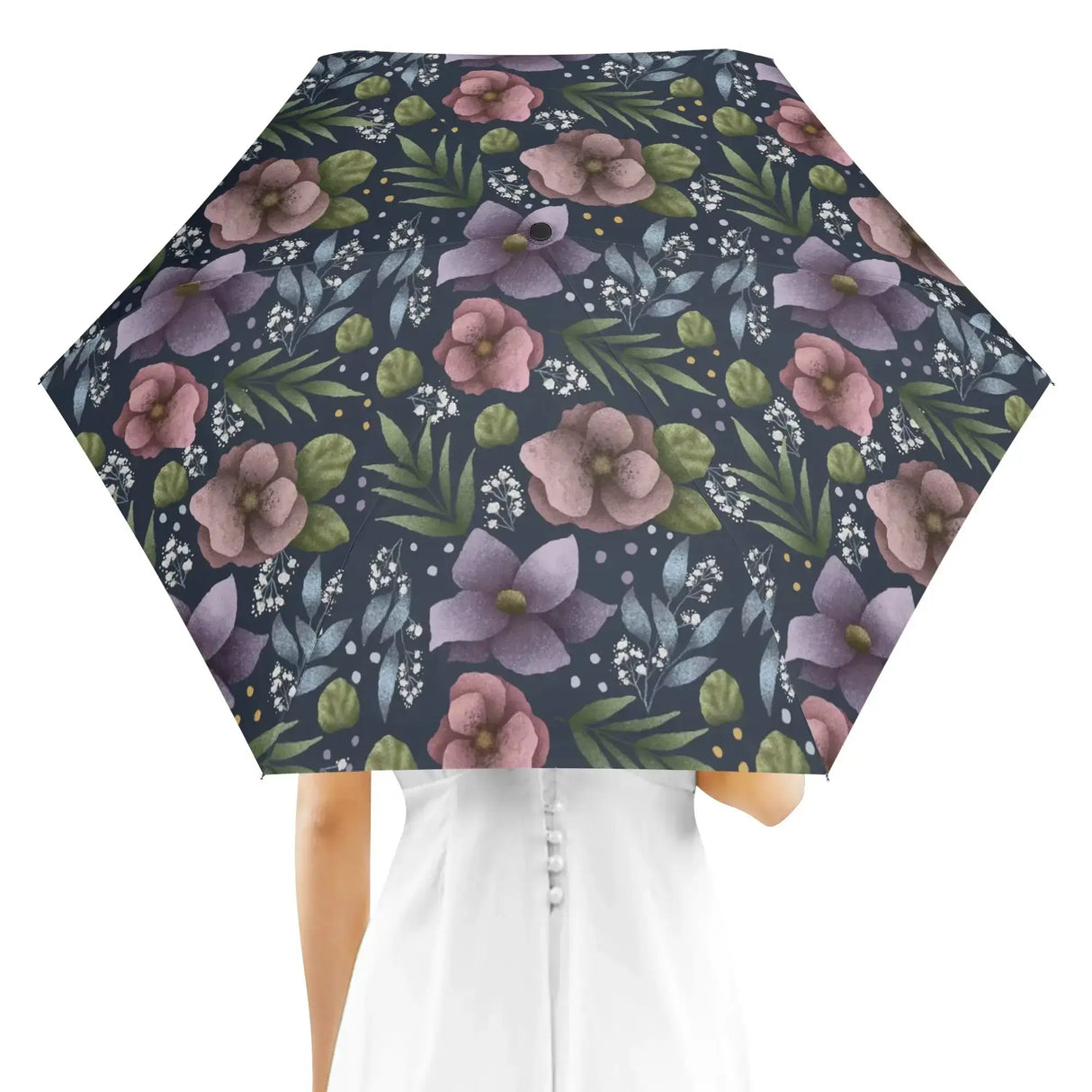 Person holding Blue Hydrangea Flower Umbrella with stunning floral design and deep blue background