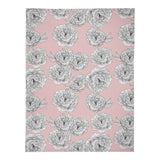 Pink Peony Flower Blanket with hand-drawn peony flowers in soft pink and white, made from ultra-soft fleece for year-round comfort