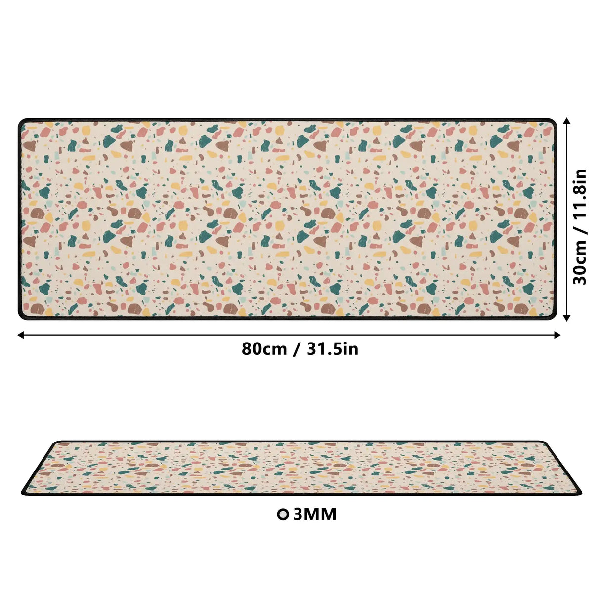 Terrazzo Desk Mat Dimensions: 80cm x 30cm x 3mm, modern terrazzo pattern, soft cloth top, anti-slip rubber base