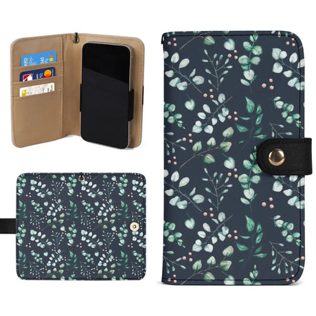 Eucalyptus flip phone case wallet in synthetic PU leather with card slots and floral design, available in small and medium sizes.