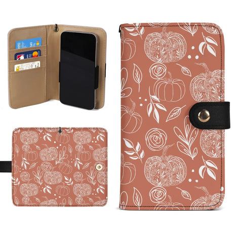 Flower Pumpkin Flip Phone Case Wallet in PU leather with floral pumpkin design, shown open with card slots and closed, autumn style accessory.