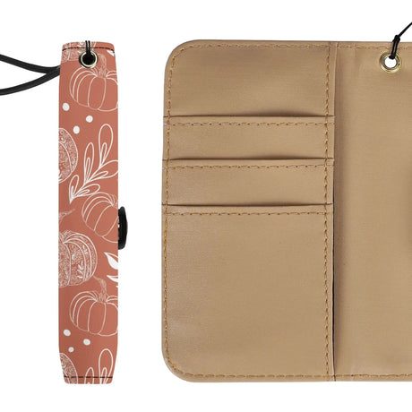 Floral pumpkin design flip phone case wallet in PU leather, open view showing card slots, perfect for autumn style and protection.