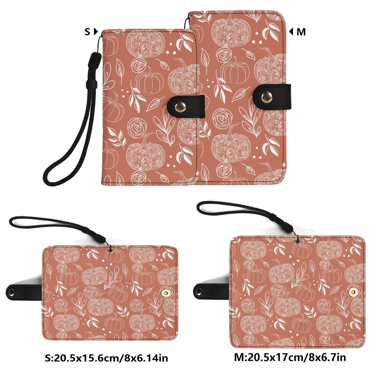 Flower Pumpkin Flip Phone Case Wallet in small and medium sizes with autumn-themed floral pumpkin design and wrist straps.