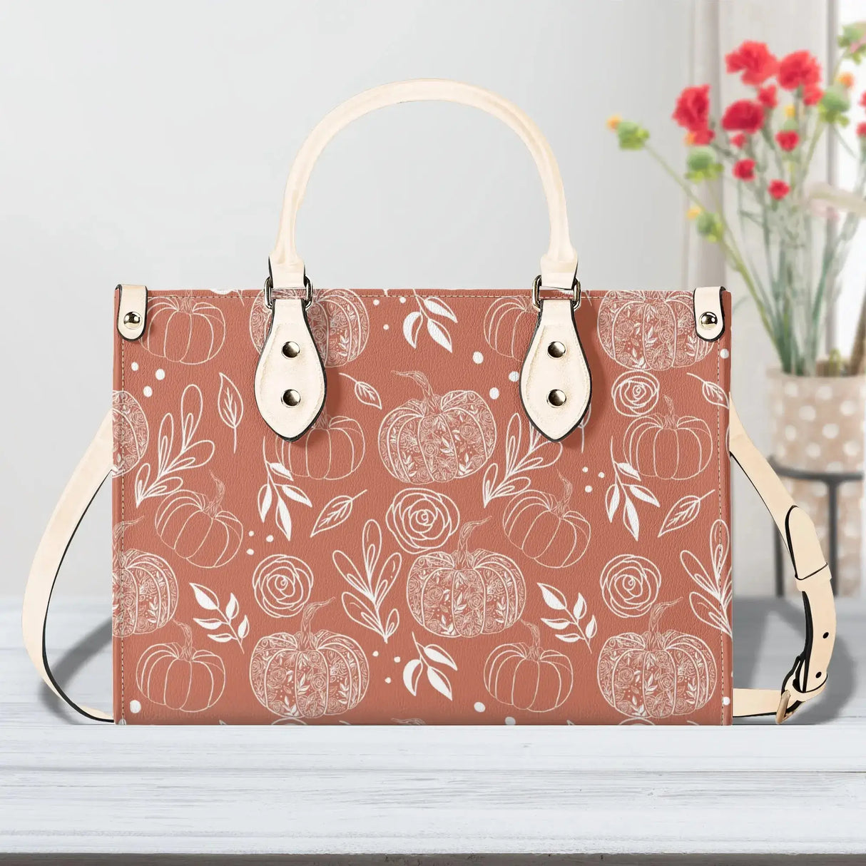 Flower Pumpkin Luxury Handbag with intricate fall-inspired pattern on premium PU leather, blending seasonal charm and everyday functionality.