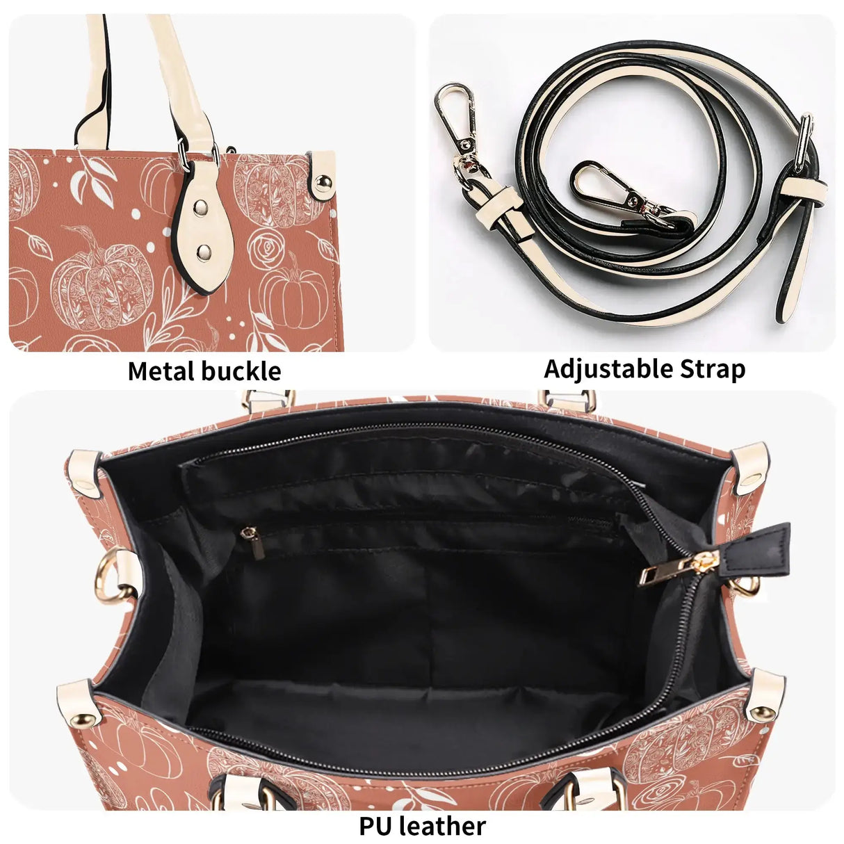 Flower Pumpkin Luxury Handbag showing metal buckle, adjustable strap, and PU leather lining