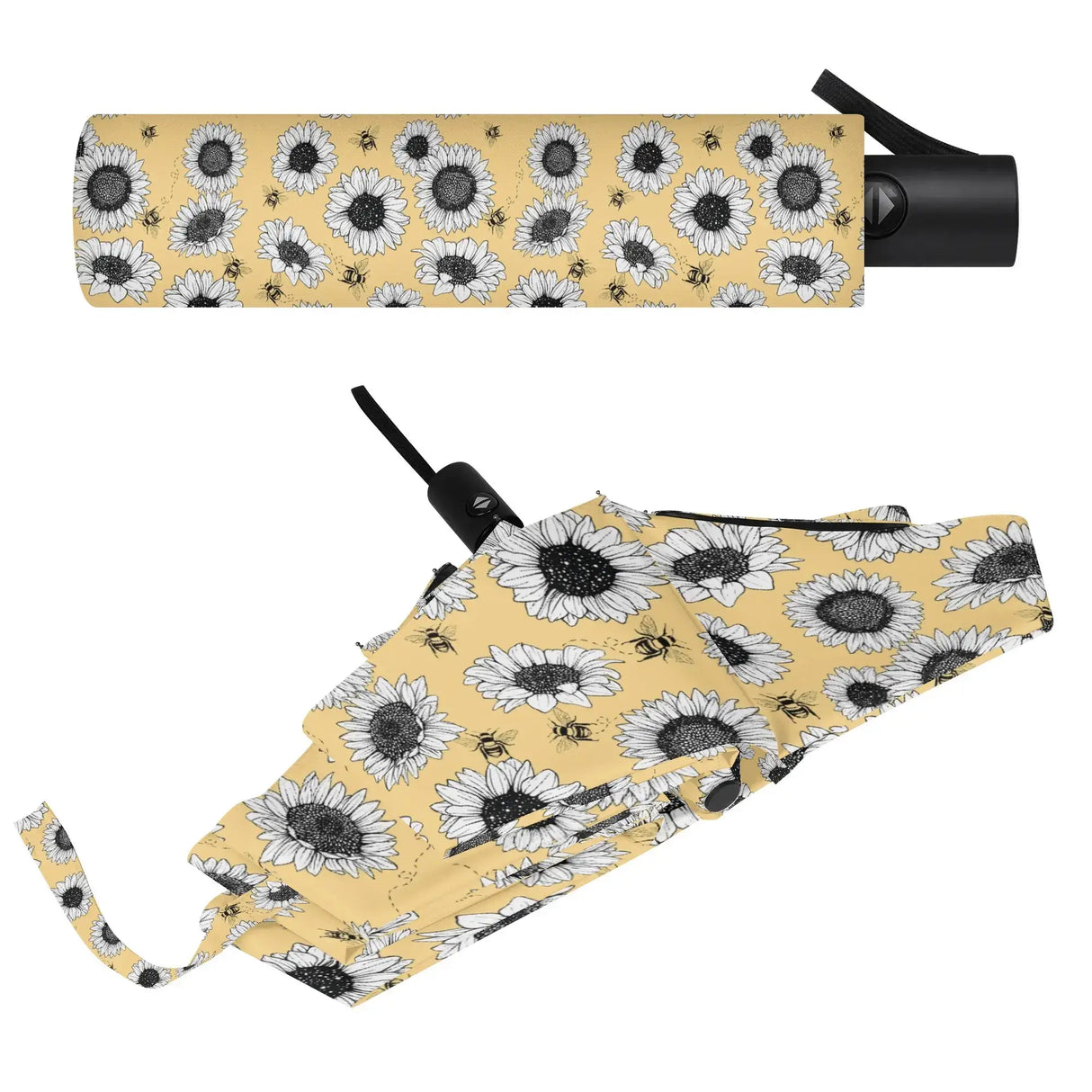 Sunflower-patterned umbrella folded and open, showcasing black and white sunflower design on yellow fabric.