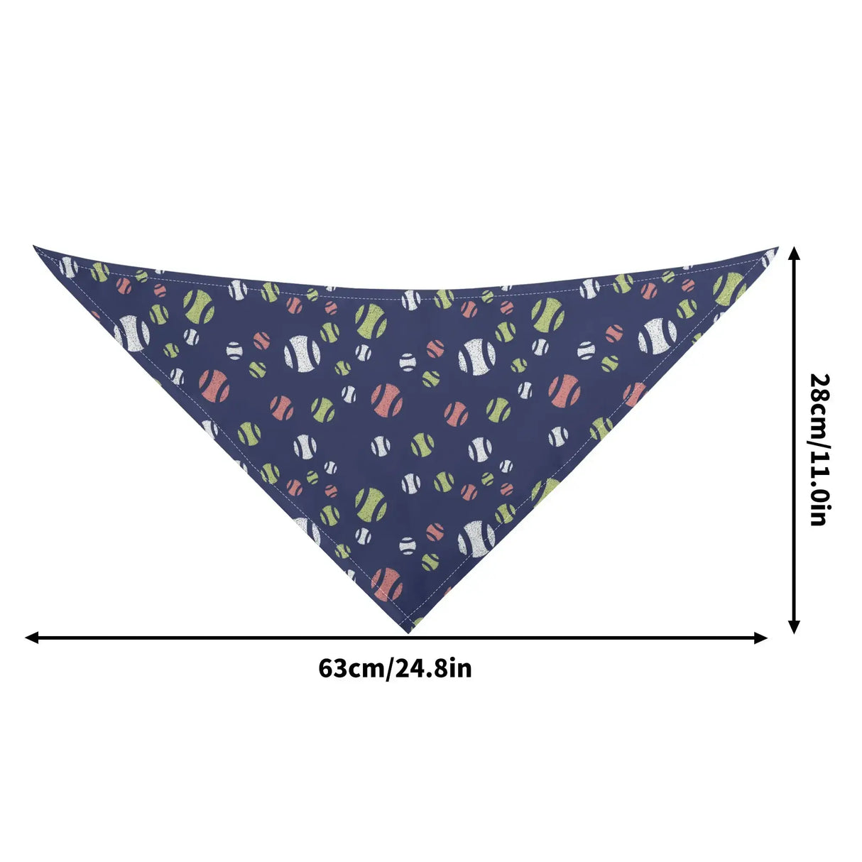 Tennis Ball Dog Bandana with vibrant tennis ball print, showing dimensions 63cm by 28cm, soft polyester for pets' comfort and style.