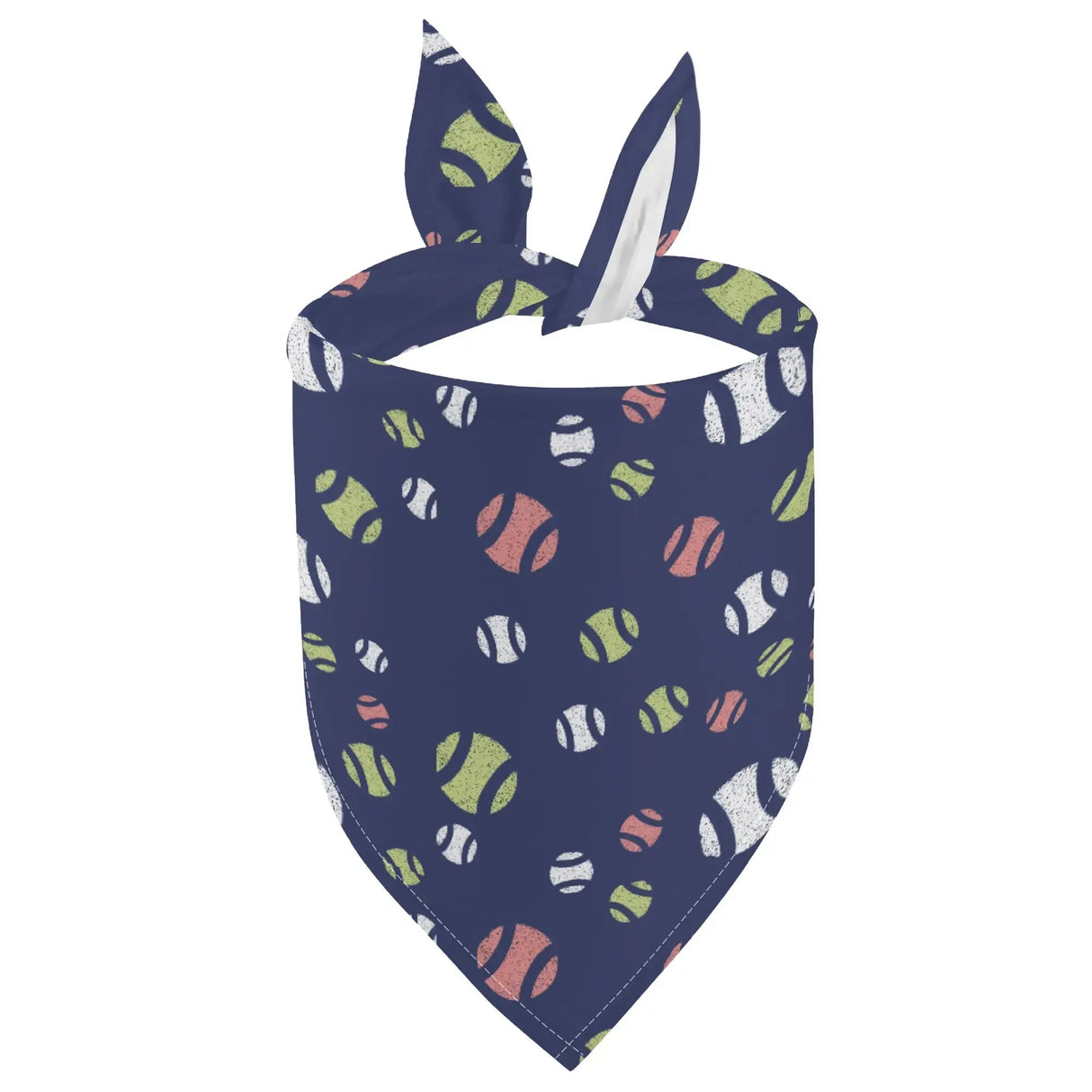 Tennis Ball Dog Bandana with vibrant tennis ball print on navy background, made from soft and durable polyester for playful pets.