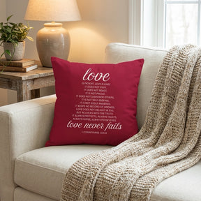 Love Never Fails – 1 Corinthians 13:4–8 Throw Pillow - Winks Design Studio,LLC