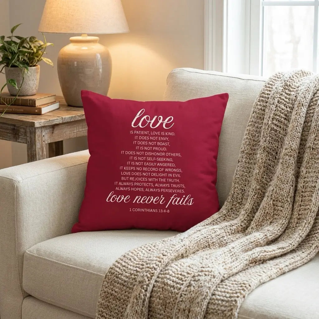 Decorative throw pillow featuring Love Never Fails 1 Corinthians 13:4–8 quote by Winks Design Studio, LLC.