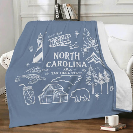 North Carolina "Tar Heel State" Fleece Blanket – Hand-Drawn State Icons - Winks Design Studio,LLC