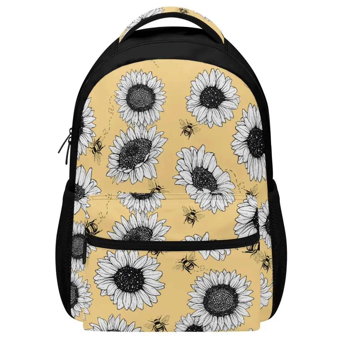 Sunflower backpack by Winks Design Studio, LLC featuring vibrant sunflower print and adjustable shoulder straps.