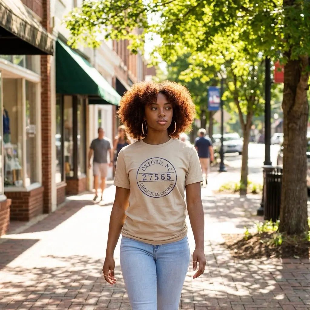 Distressed Oxford NC 27565 T-shirt by Winks Design Studio showing a casual fit with local Granville County pride graphic.
