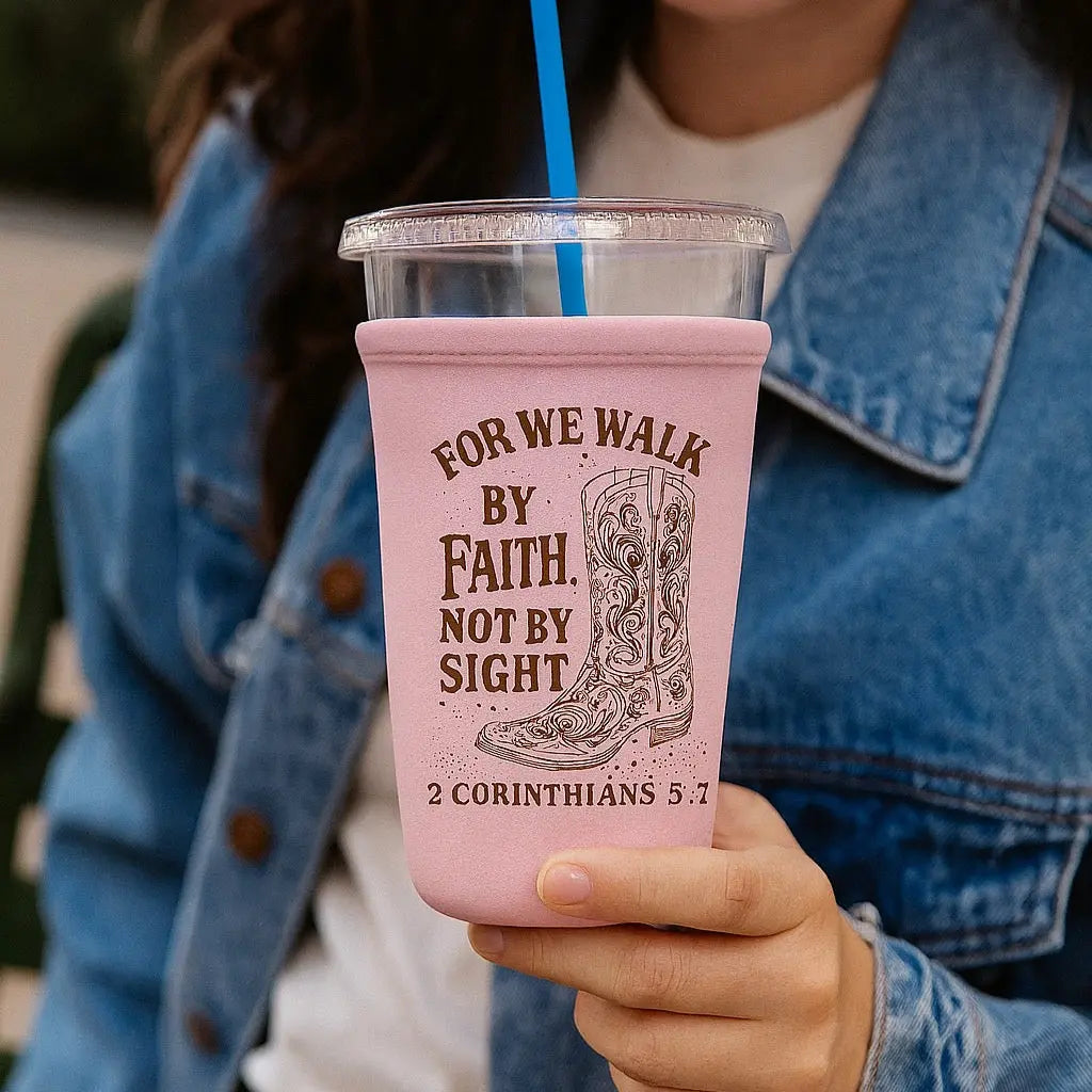 Walk by Faith cup sleeve by Winks Design Studio, LLC, showing a stylish protective sleeve for cold beverage cups with faith-themed design.