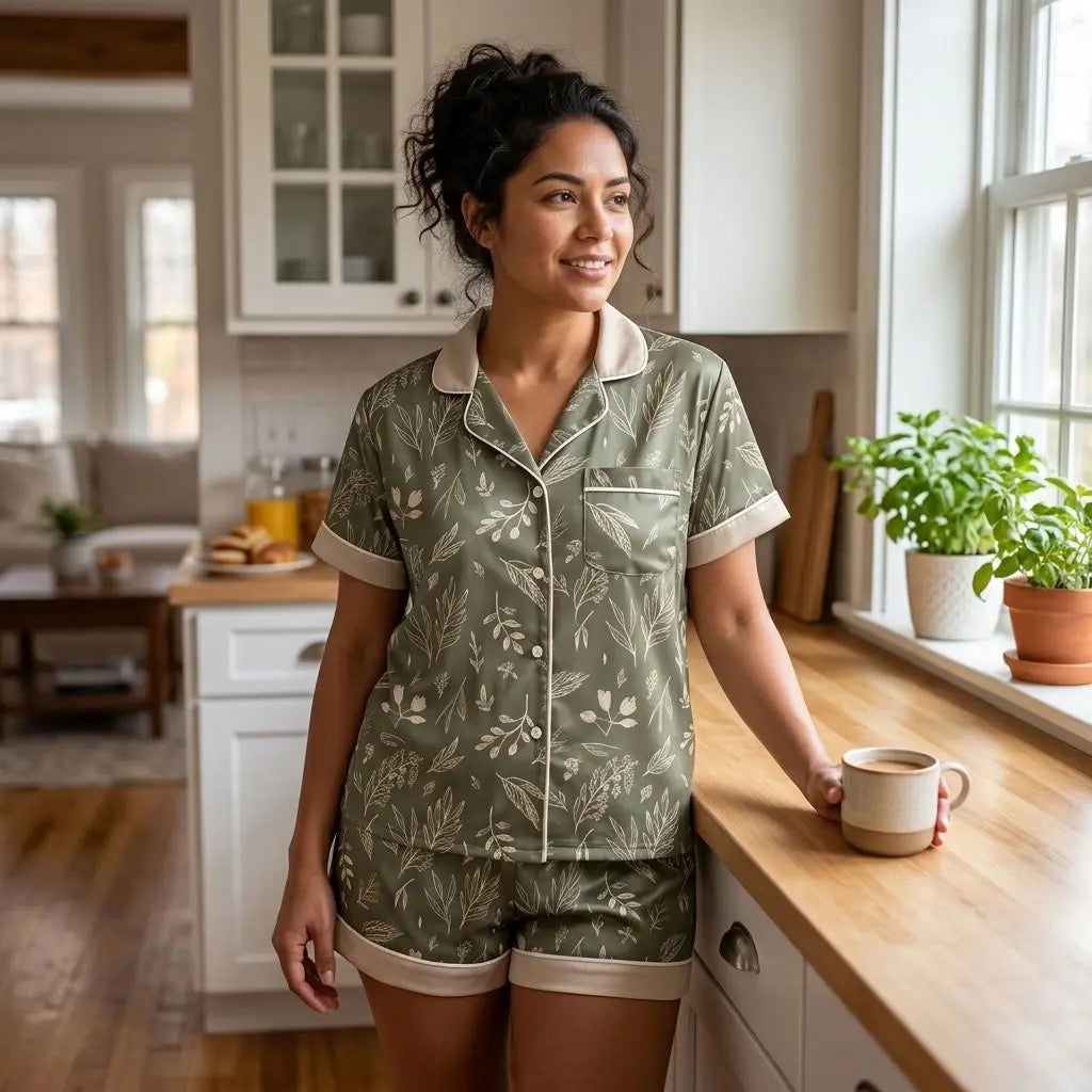 Smiling woman in a sage green botanical print short sleeve pajama set with cream piping in a sunny kitchen