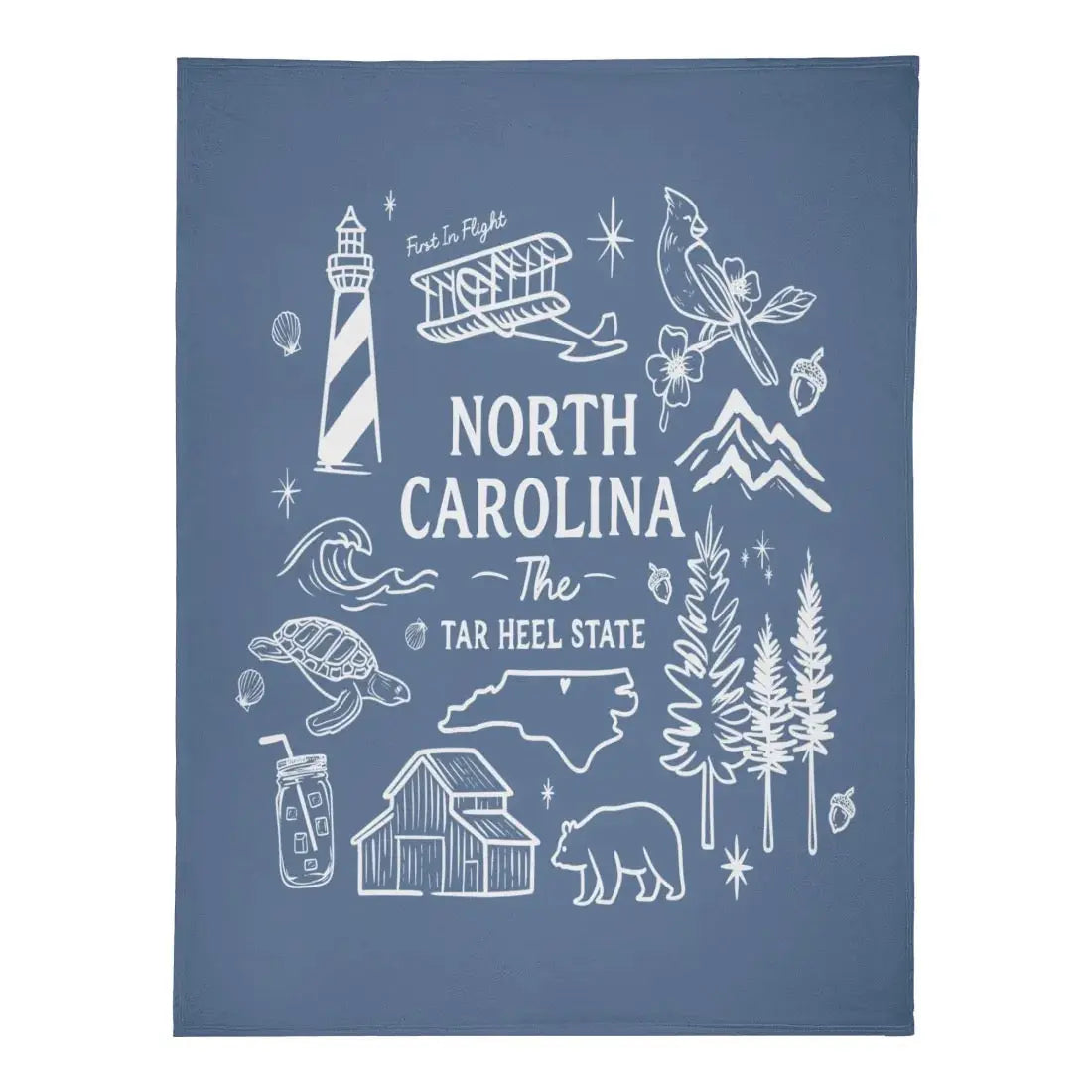 North Carolina fleece blanket with oversized hand-drawn state icons, 80x60 inches, by Winks Design Studio, LLC.