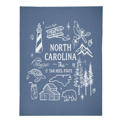North Carolina "Tar Heel State" Fleece Blanket – Hand-Drawn State Icons - Winks Design Studio,LLC