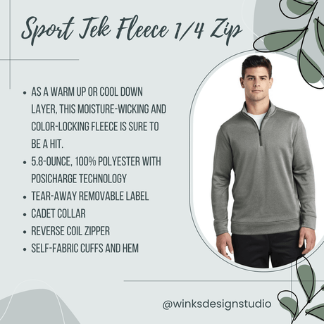 Man wearing Sport-Tek Fleece 1/4 Zip Pullover with moisture-wicking technology, cadet collar, and reverse coil zipper.