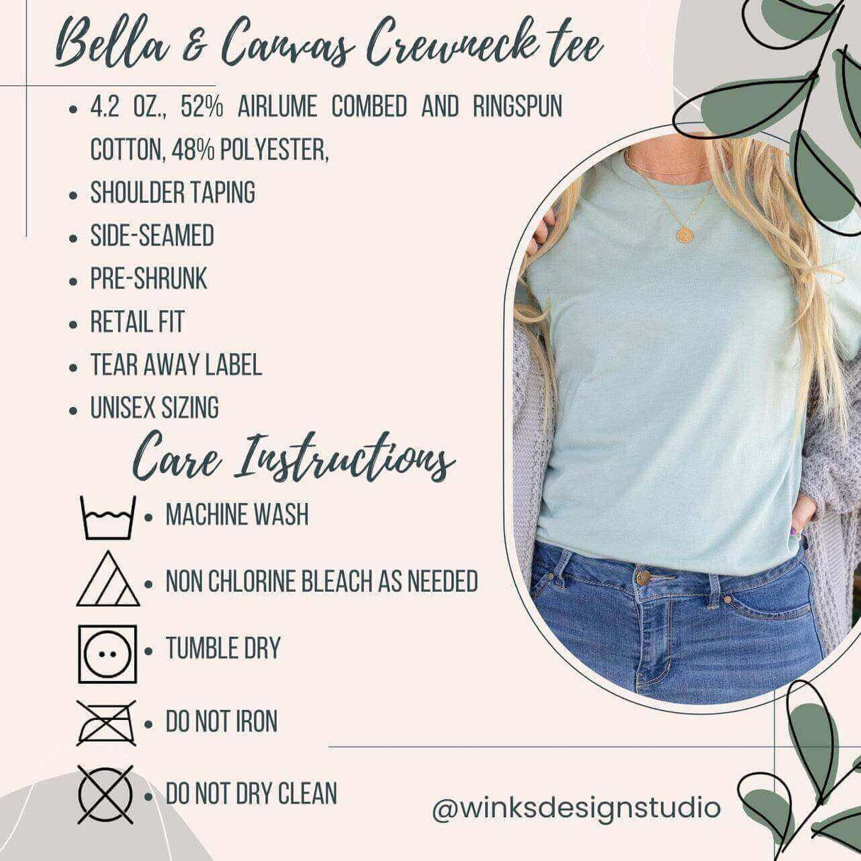 Bella & Canvas crewneck tee care instructions and fabric details.