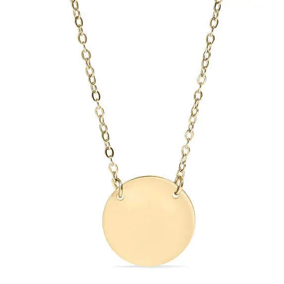 18K gold engraved circle necklace with personalized stainless steel pendant, showcasing elegant design and fine craftsmanship.