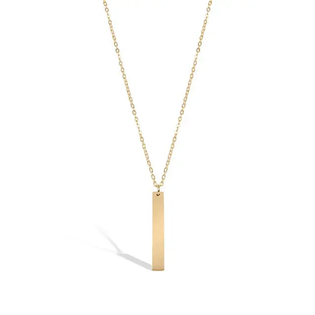 18K gold engraved vertical bar necklace from Winks Design Studio, featuring personalized stainless steel with a sleek, modern design.