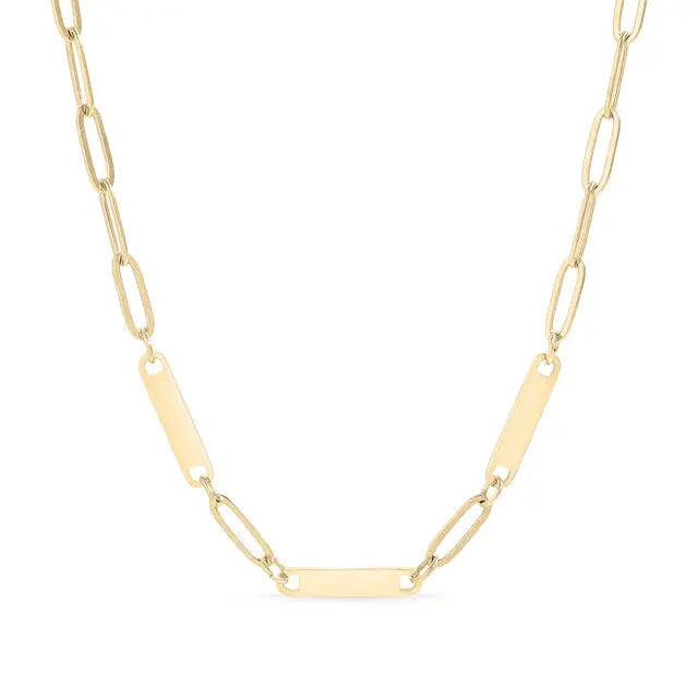 18K gold engravable paperclip 3-bar necklace by Winks Design Studio, LLC with sleek chain and customizable engraved bars.
