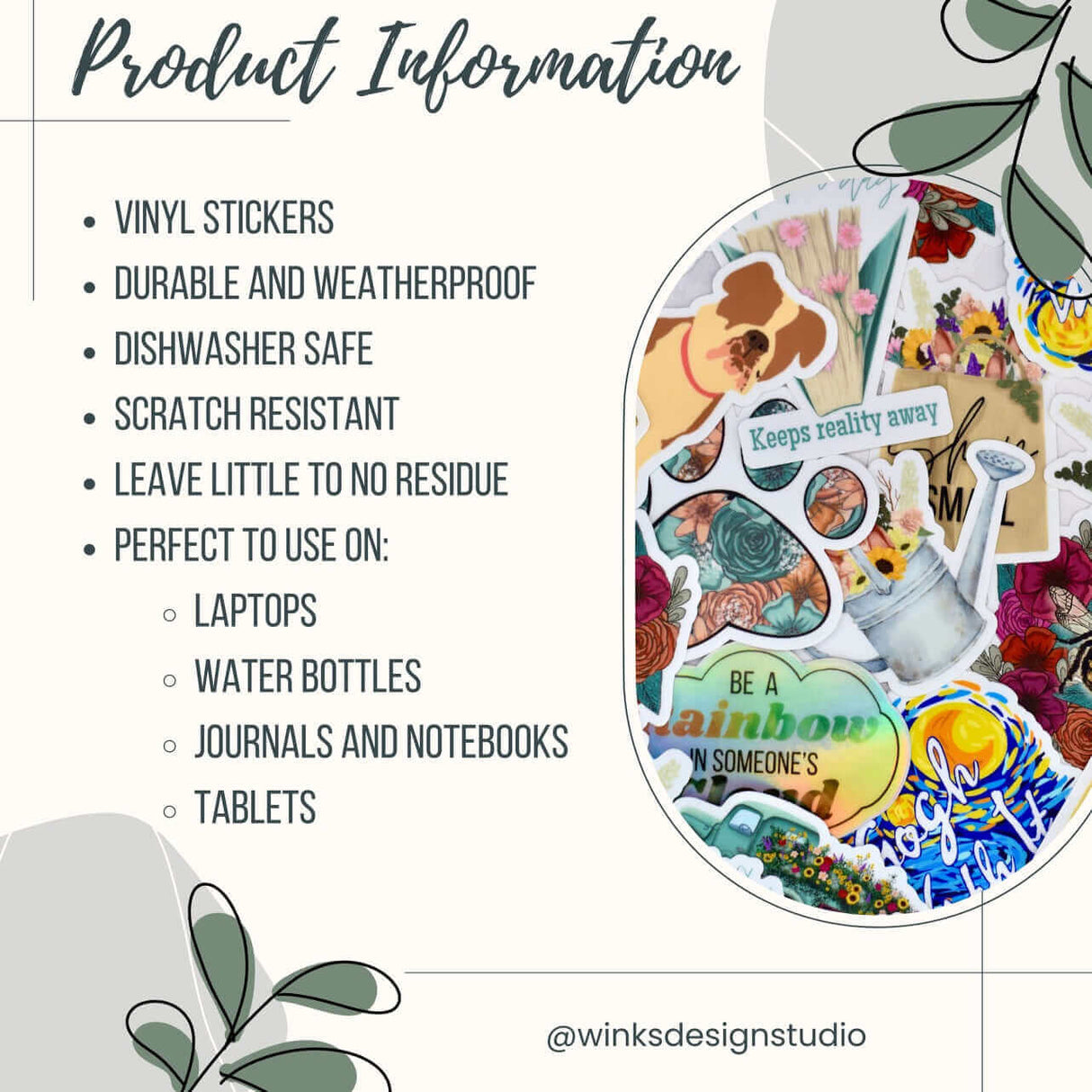 Vinyl stickers product information with features like durable, weatherproof, scratch resistant, suitable for laptops and water bottles.