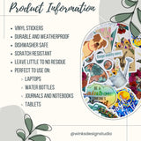 "Max's Festival Adventure Stickers product information - vinyl, durable, weatherproof, dishwasher safe, and perfect for laptops, water bottles, and journals."