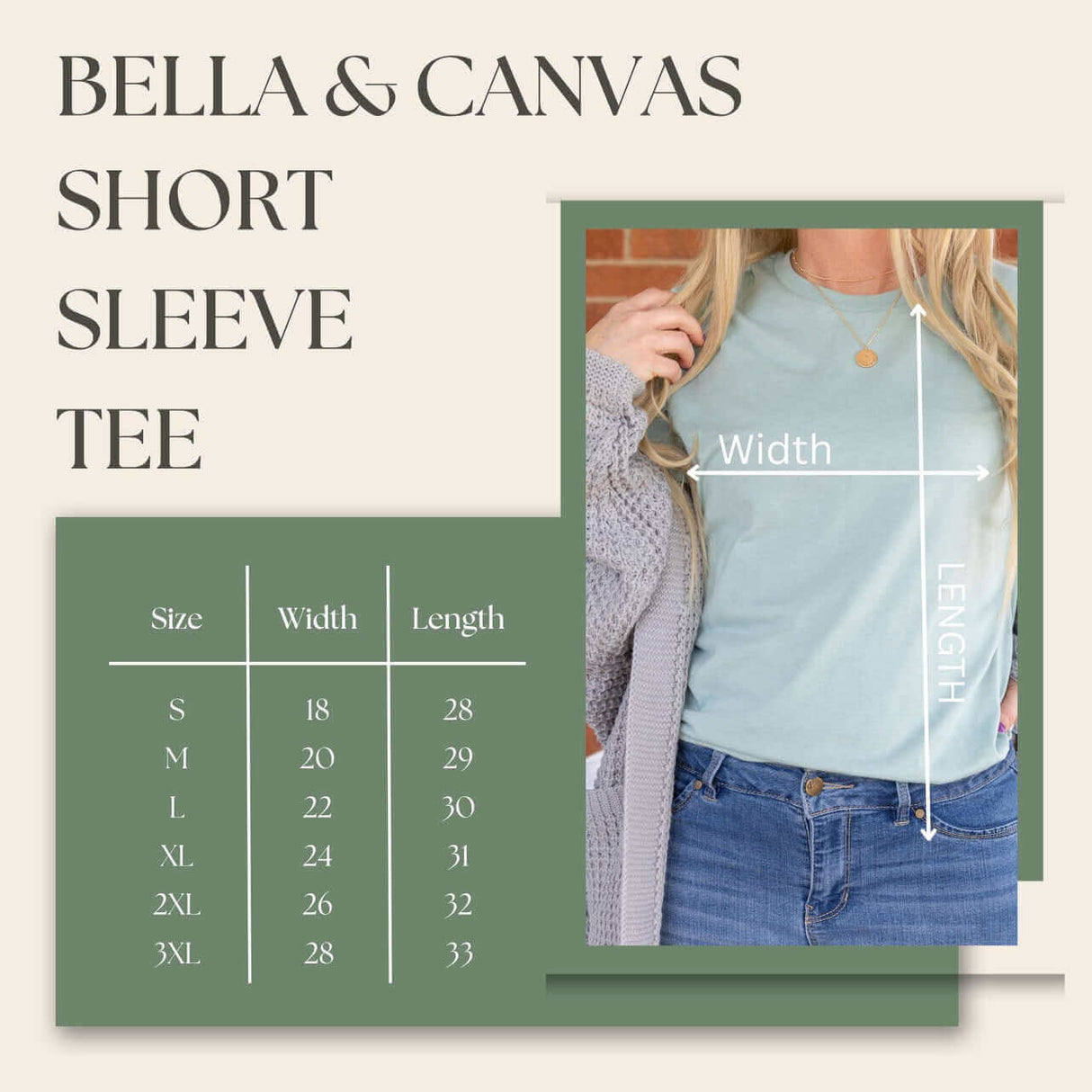 Bella & Canvas short sleeve tee with sizing chart, featuring width and length measurements for sizes S to 3XL.