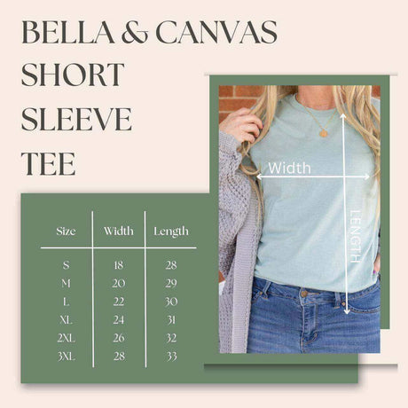 Bella & Canvas short sleeve tee size chart with model wearing light green shirt.