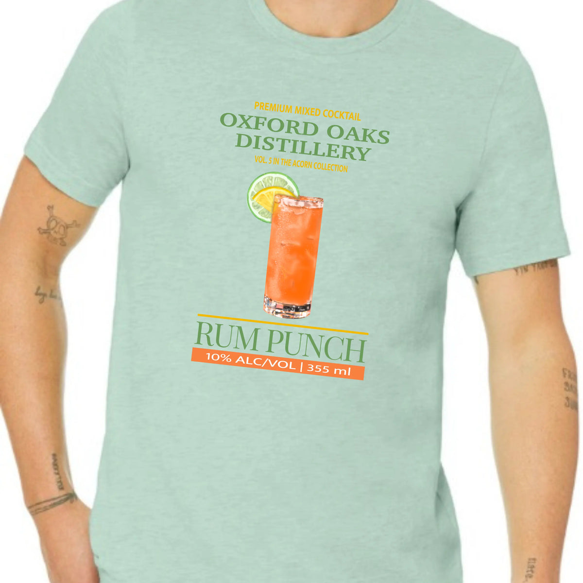 White T-shirt featuring Oxford Oaks Distillery Rum Punch design, styled casually on a flat surface, by Winks Design Studio LLC.