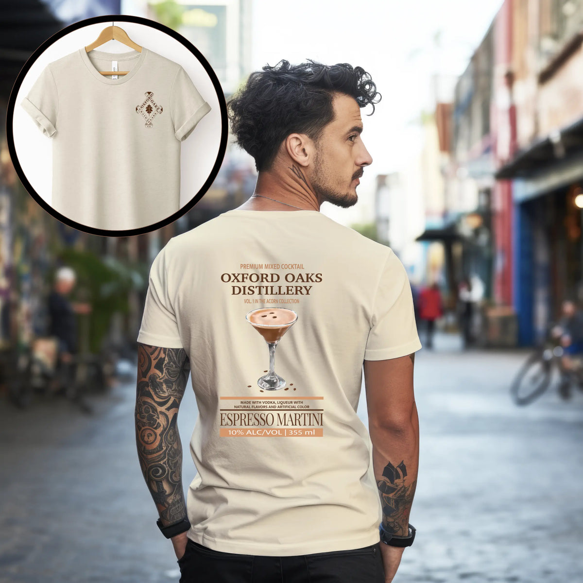 Winks Design Studio LLC Oxford Oaks Distillery Espresso Martini T-shirt featuring a stylish espresso martini graphic on a black T-shirt.
