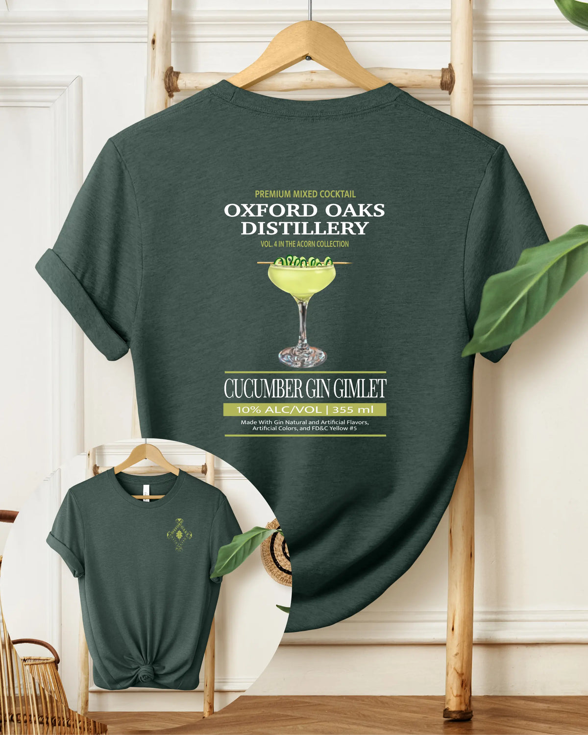 White T-shirt featuring a cucumber gin gimlet design by Winks Design Studio, LLC, with vibrant, detailed graphics.