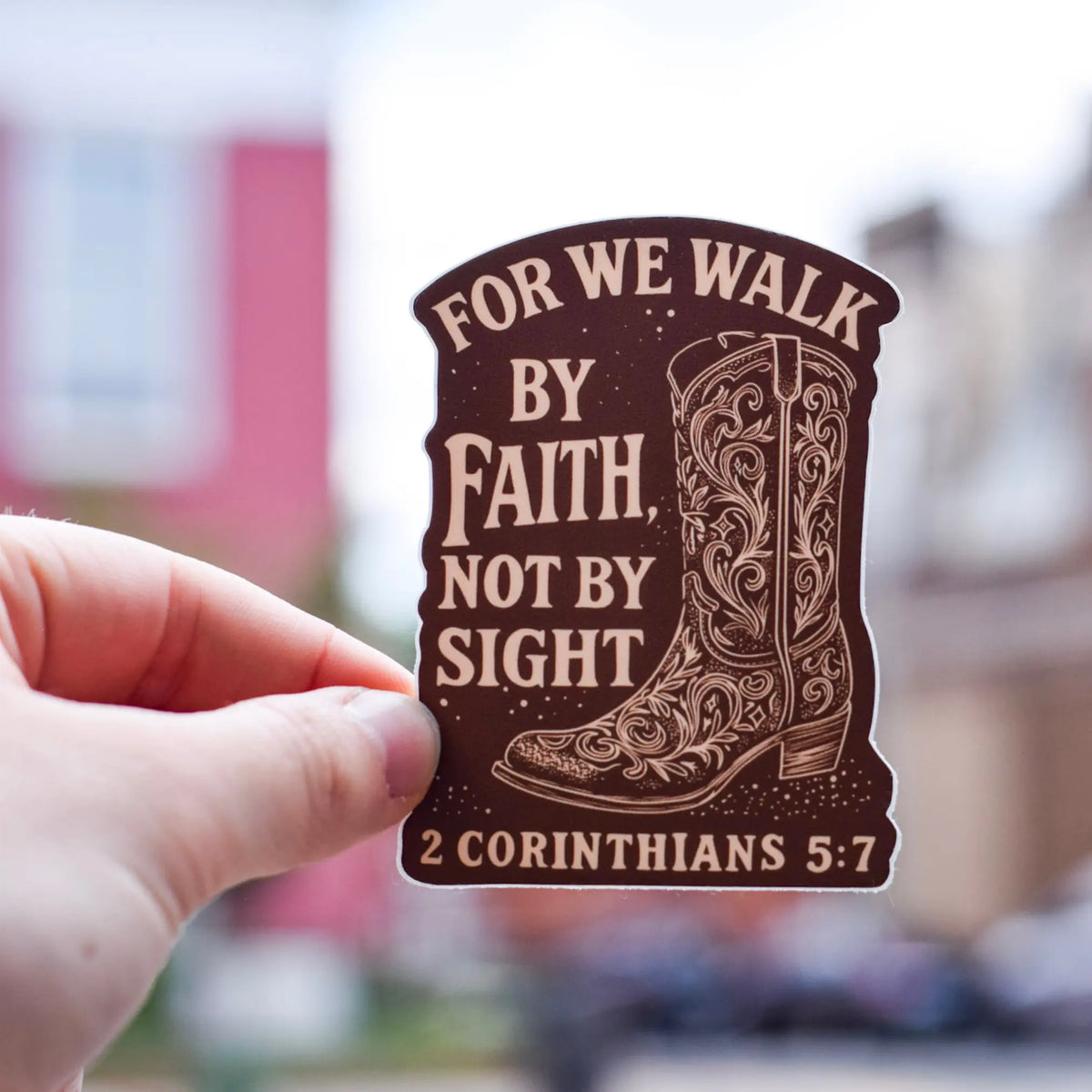 Western boot sticker with "Walk By Faith" design by Winks Design Studio, LLC, featuring a detailed illustration of a cowboy boot.