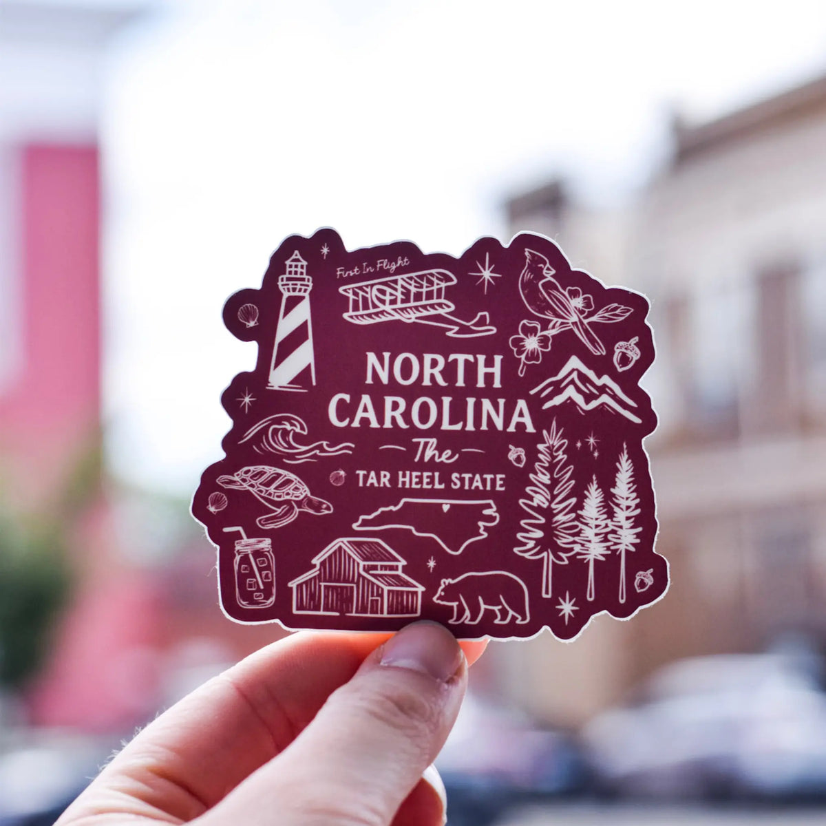 Illustrated North Carolina sticker from Winks Design Studio, LLC featuring a colorful, detailed map of North Carolina.
