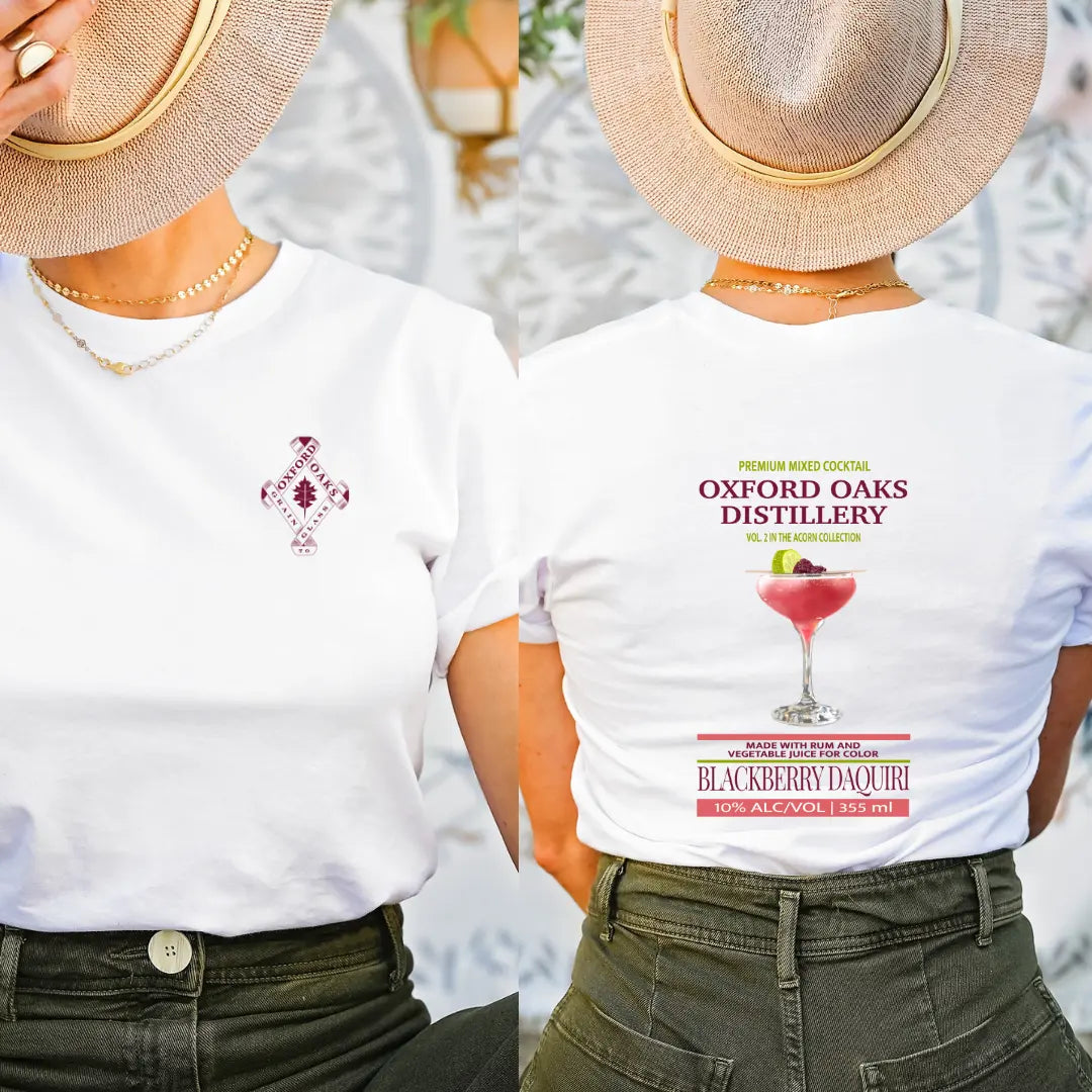 Blackberry Daquiri T-shirt by Winks Design Studio featuring a colorful orchard illustration on a casual cotton shirt.
