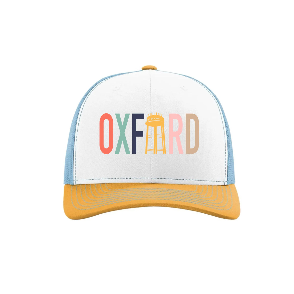 Multicolor Oxford NC water tower trucker hat by Winks Design Studio, LLC with mesh back and adjustable strap.