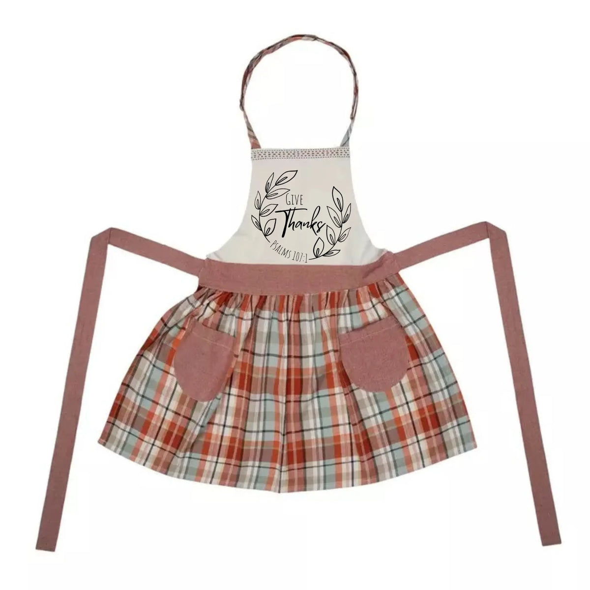 Orange plaid apron with "Give Thanks" print from Winks Design Studio, LLC, featuring a stylish, festive kitchen accessory.