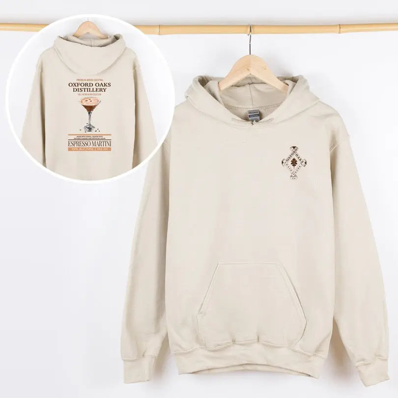 Winks Design Studio Oxford Oaks Distillery Espresso Martini hoodie in charcoal with front graphic and comfortable fit.