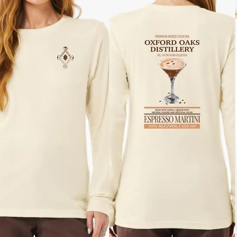 Long sleeve shirt featuring Oxford Oaks Distillery Espresso Martini design, styled with a modern, casual look.